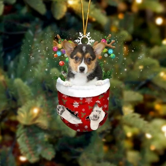 Acrylic 2D FLAT Pembroke Welsh Corgi Tri Color In Snow Pocket Christmas Ornament