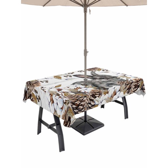 Outdoor Tablecloth with Umbrella Hole and Zipper, Grey Rabbits Rectangle Table Cloth 60x84 Inch Waterproof Tablecloth, Pine Cones Brown Plants Farmhouse Wooden Picnic Table Cover for Patio Camping