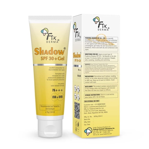 Fixderma Shadow SPF 30+ Gel Probado por dermatólogos Ofrece protección SPF 30 + de amplio espectro contra los rayos UVA y UVB Protector solar resistente al agua Protector solar no graso Ofrece protecc