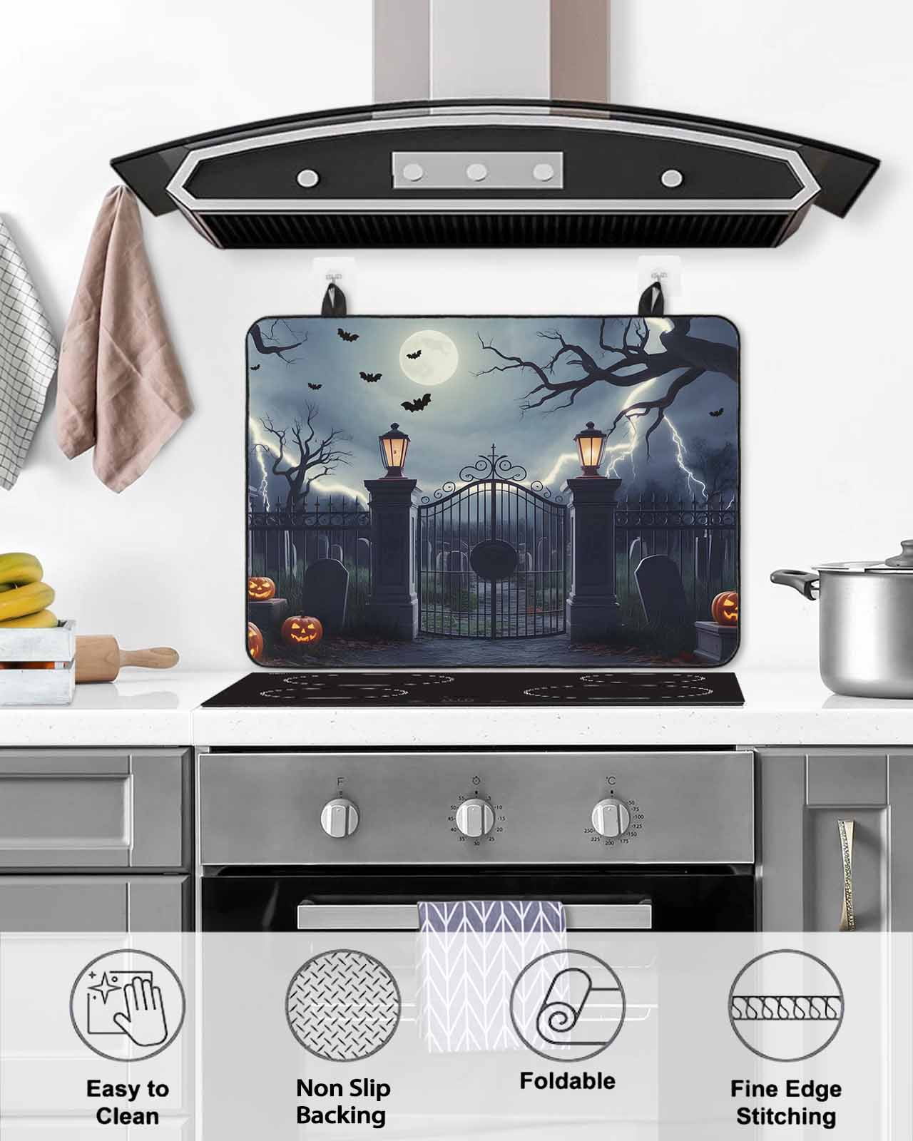 Large Induction Cooktop Protector Mat Halloween Stove Top Covers for Electric Stove, Horror Graveyard Manor Moonlight Lightning Decorative Stove Burner Cover Mats, Glass Top Stove Cover