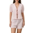 thumbnail image 1 of Gupgi Ensemble de Pyjama 2 Pcs à Rayures pour Femmes, Manches Courtes Bouffantes, Chemise à Nouer devant, Shorts à Taille Élastique, 1 of 8