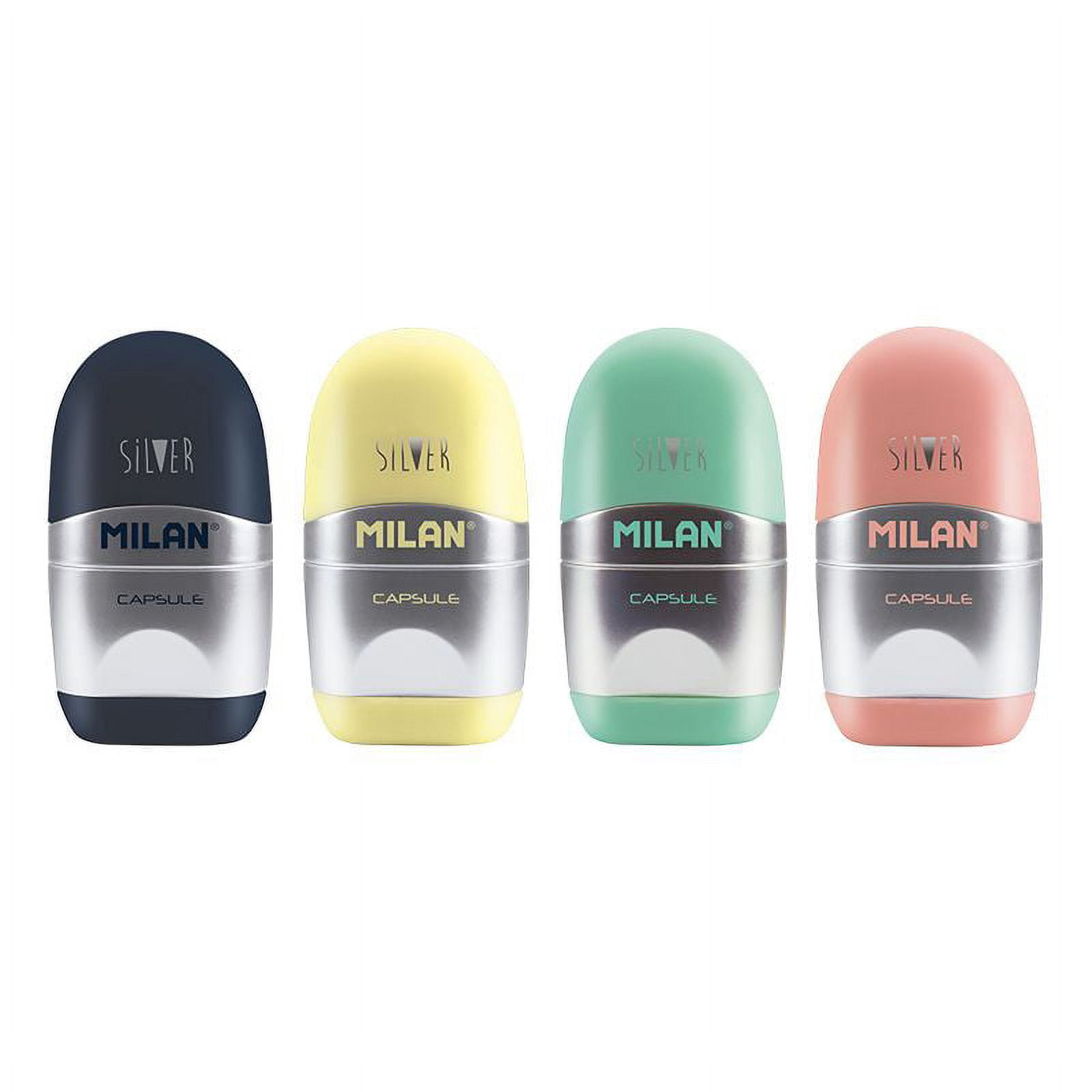 MILAN CAPSULE Silver Handheld Manual Pencil Sharpener with Eraser Comes with 2 Spare Erasers, Multicolor, New 2.5 in