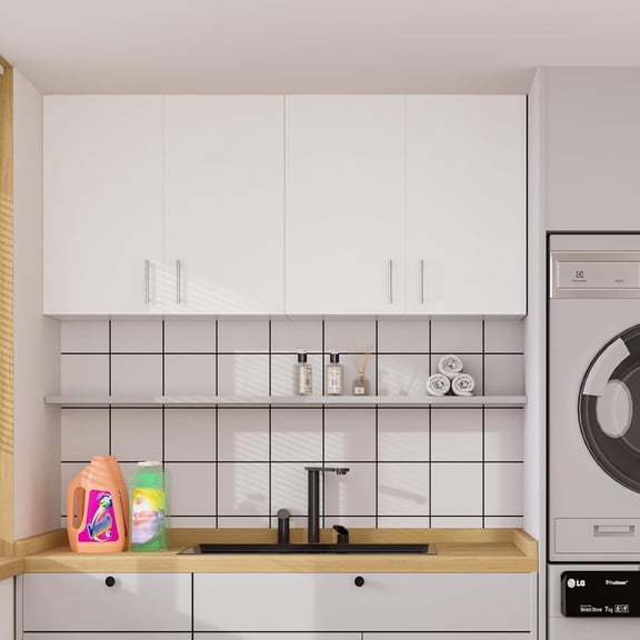 Landmok Laundry Room Cabinet, Kitchen Wall Storage with 4 Doors & Adjustable Shelves, Utility Cabinet for Bathroom and Garage, White