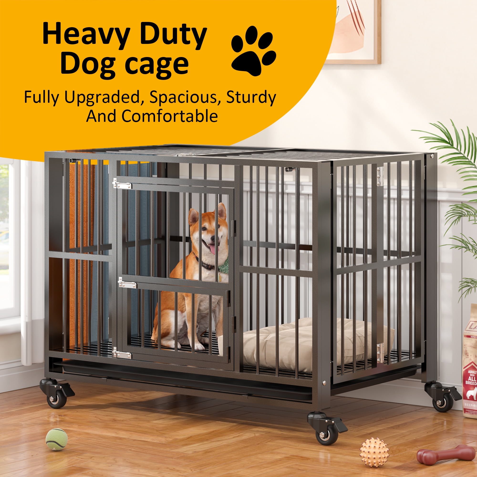 Betisef Heavy Duty Dog Crate, Folding Dog Kennel No Assembly with Lockable Wheels, Double Door Indoor/Outdoor