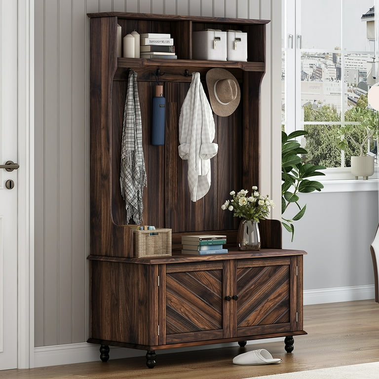 40 Inch Modern Hall Tree With 4 Hooks Wood Entryway Coat Hanger Storage Bench Top Open Storage Shelves Versatile 3 in 1 Entrance Hallway Coat Rack