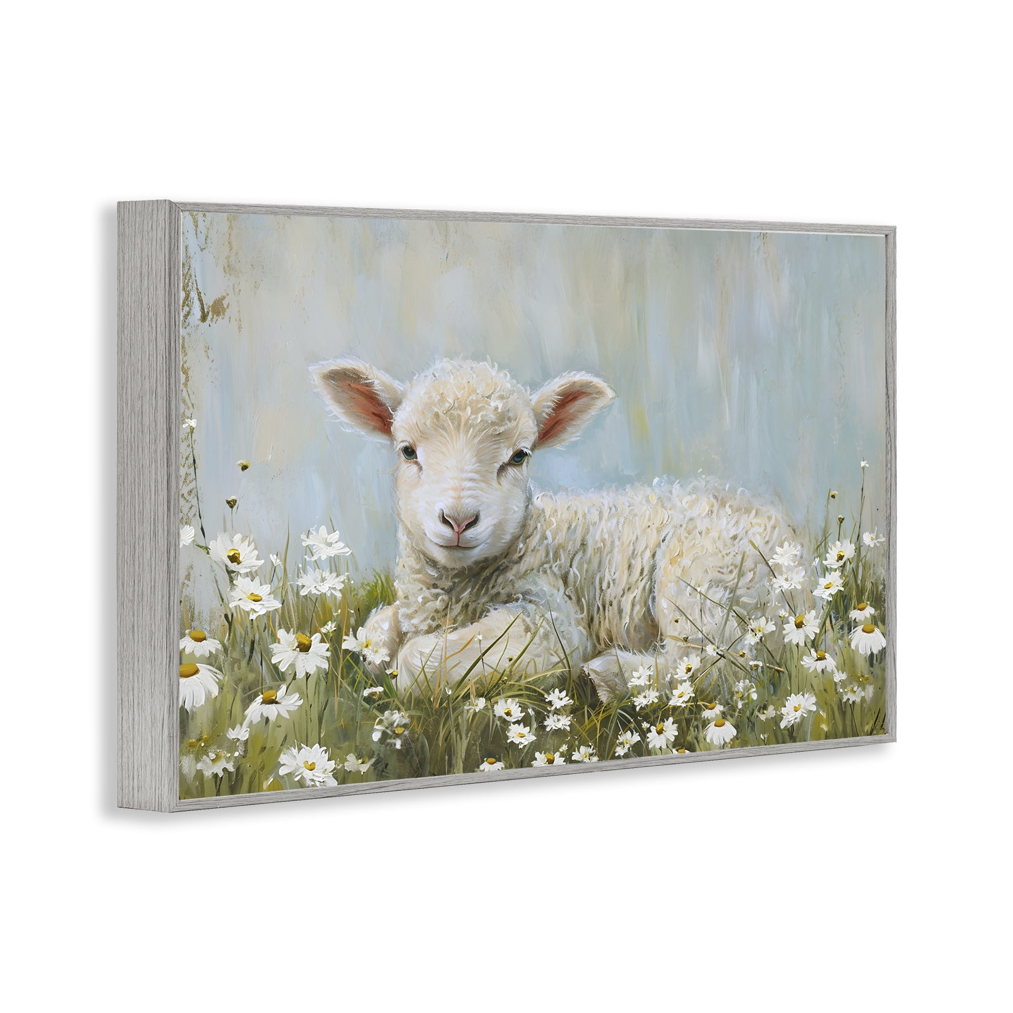 Stupell Industries Lamb Resting in Meadow Animals & Insects Painting Gray Framed Art Print Wall Art, 18 x 12