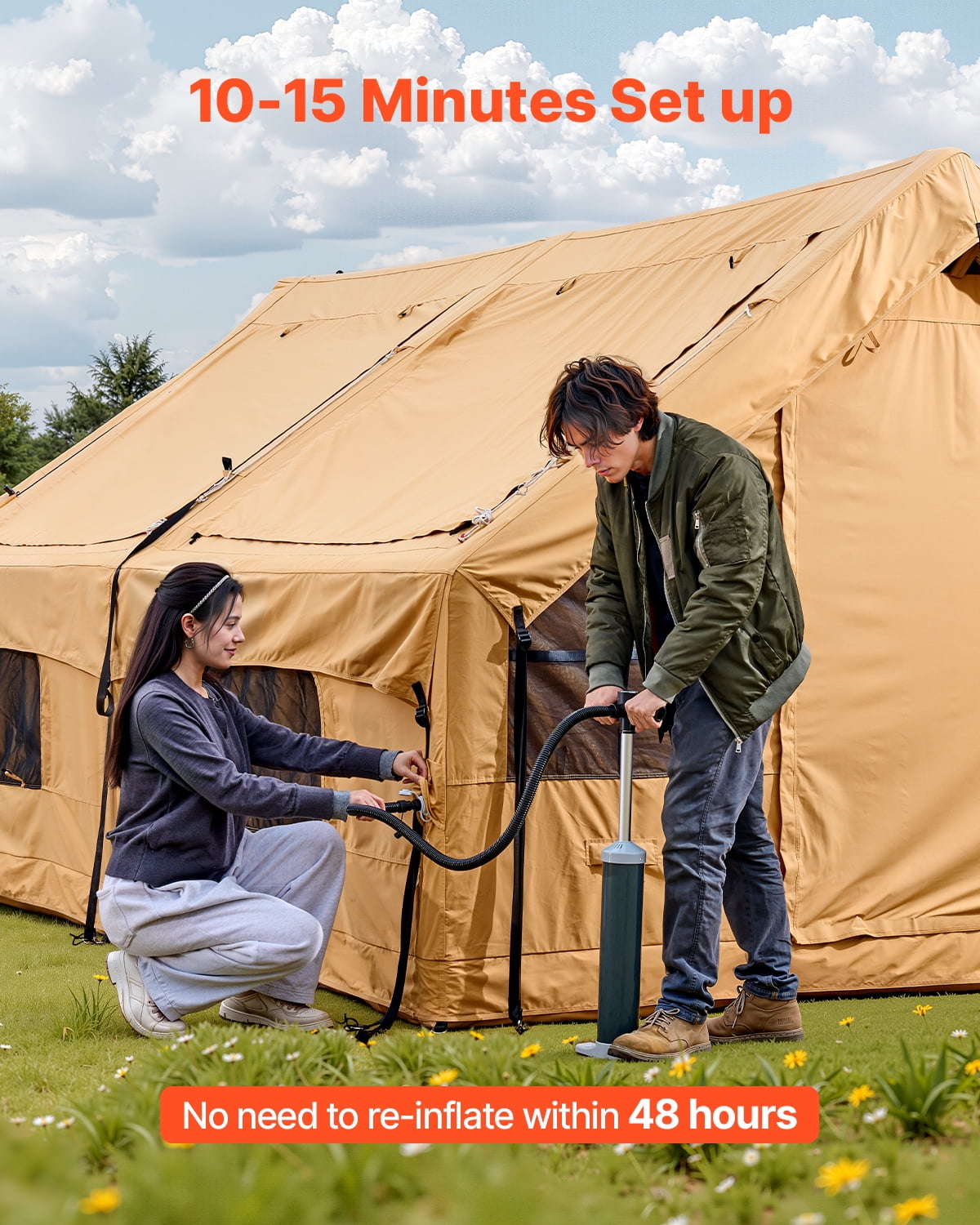 VEVOR Inflatable Tents for Camping,8-12 Person Easy Setup Blow up Tent with Hand Pump,4 Season Luxury Glamping Tent with 2 Skylights, Canopy,Stove Jack, 2 Doors & Mesh Windows(Include Storage Bag)