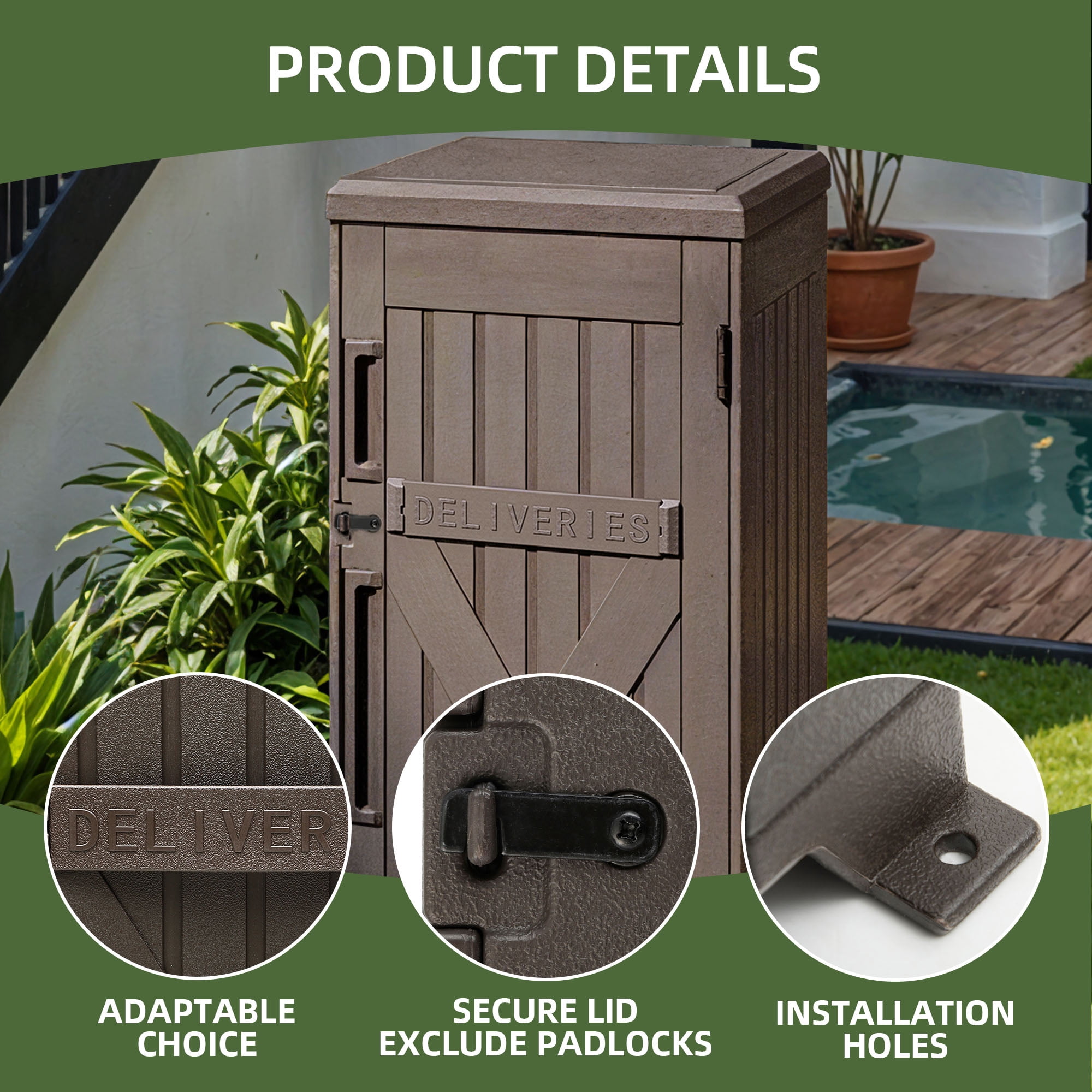 Uforic 60 Gallon Lockable Package Delivery Box, Double Wall Waterproof Resin Outdoor Parcel Storage Box for Porch Curbside Yard, Brown