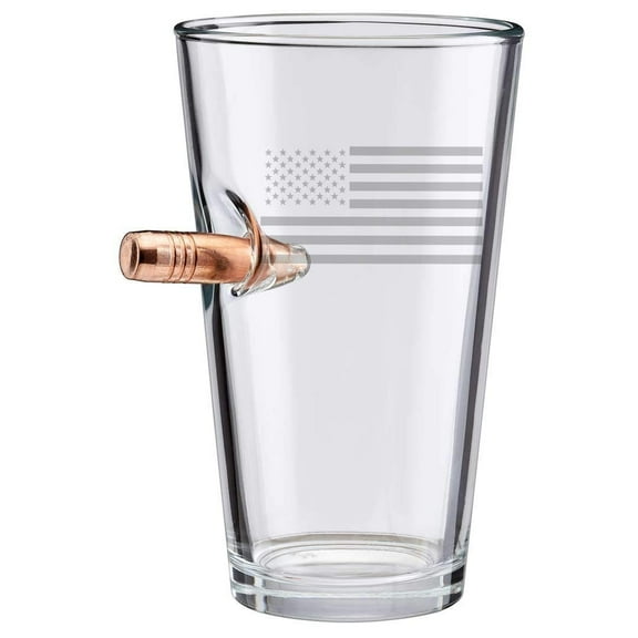 BenShot US Flag Pint Glass with Real 0.50BMG Bullet - 16oz | Made in the USA