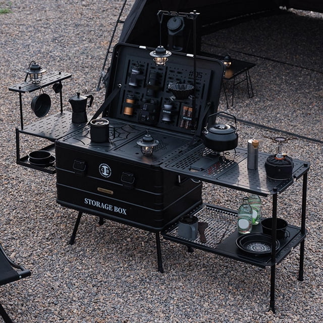 Caja de aluminio para acampar Igt, caja de almacenamiento con patas de apoyo extensibles, liviana y modular, juego de estuche para café para barbacoa