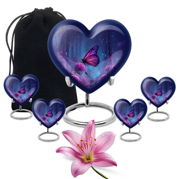 MUKTIVE Butterfly Cremation Urn for Ashes for Adult male - Large Heart Decorative Memorial Urns for Human Ashes Adult Male & Female for Funeral - (1 Large, 4 Keepsake)