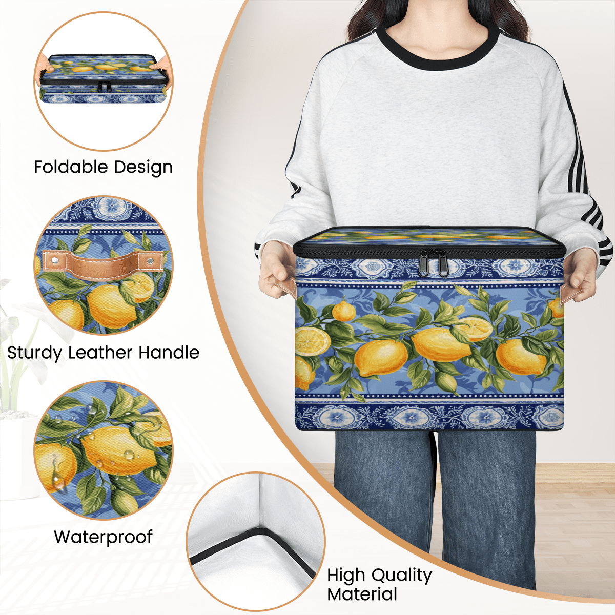 ADECORIVY Blue Lemon Storage Bin with Zipper Lid, Fabric Foldable Shelf Baskets Boxes, Closet Lidded Storage Bins, Decorative Clothes Organizer for Bedroom Home