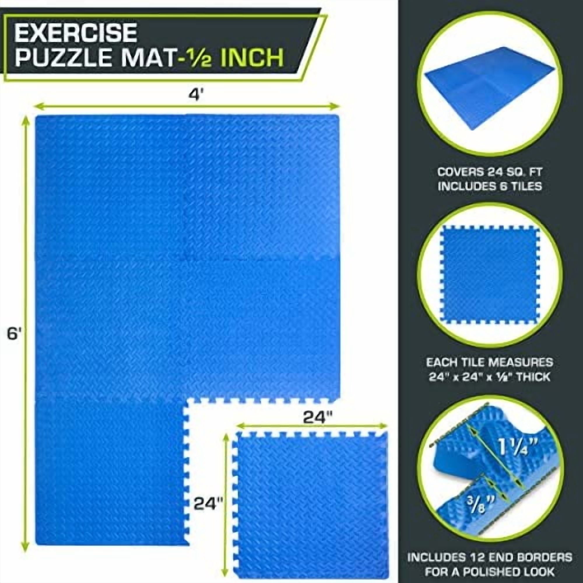 Puzzle Exercise Mat ½ in, EVA Interlocking Foam Floor Tiles for Home Gym, Mat for Home Workout Equipment, Floor Padding for Kids, Blue, 24 in x 24 in x ½ in, 24 Sq Ft - 6 Tiles