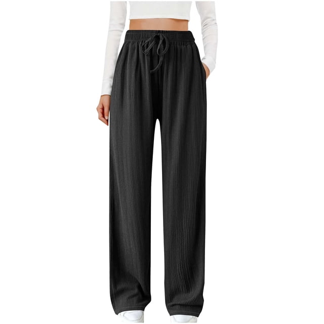Timegard Lounge Pants for Women Elastic High Waist Straight Leg Ruched Loose Trousers Solid Color