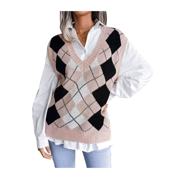 Diconna Women's V-Neck Sweater Vest Sleeveless Houndstooth Pullover ...
