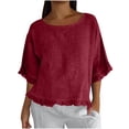 thumbnail image 2 of Women T Shirts Summer Tops Solid Cotton and Linen Ruffle Pleated Hem Tops Round Neck Casual Shirt Tops Comfortable Shirts, 2 of 8