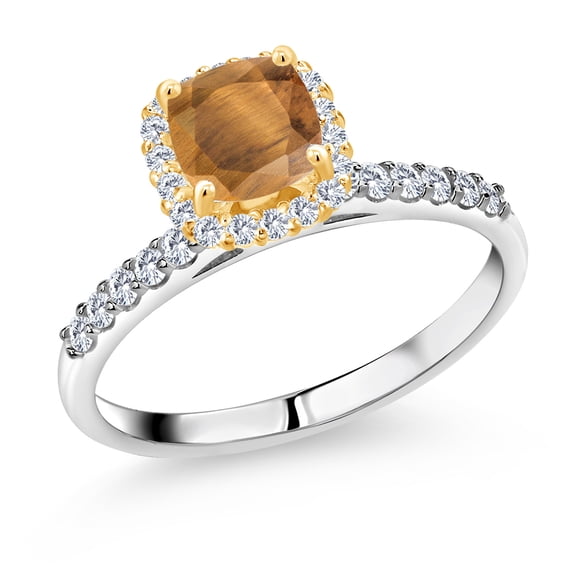 Gem Stone King 1.63 Ct Brown Tiger Eye E-F Lab Grown Diamond 925 Silver and 10K Yellow Gold Ring (Size 8)