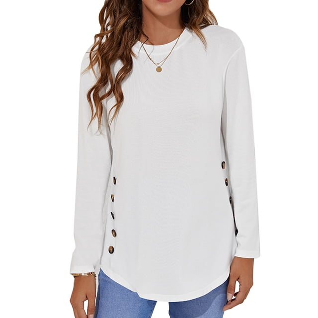Blusa de algodón de manga larga blanca, corte holgado, cuello redondo, detalle de botones, color puro, talla XL