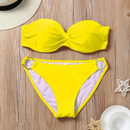 Summer Savings  Sexy Women Bikini Set  Push-Up Padded Bra  Swimwear  Beachwear  YE L  Fashionable Swimwear  for Summer  Supportive Bra  Comfortable Fit  Women s One Piece Swimsuit | Yellow L