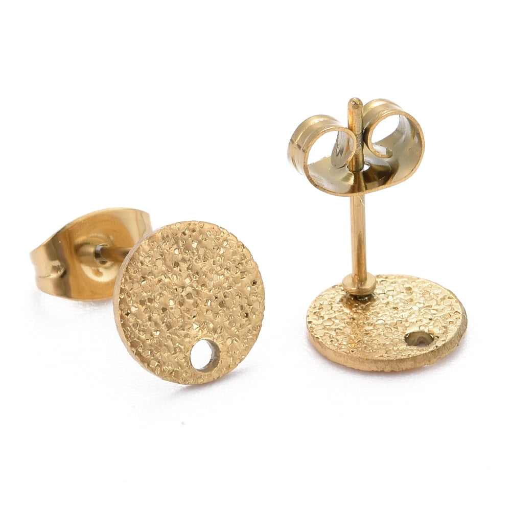 100pcs Ion Plating(IP) 304 Stainless Steel Stud Earring Findings with Earring Backs & Loop Textured Flat Round Golden 8x1mm Hole: 1.4mm Pin: 0.8mm