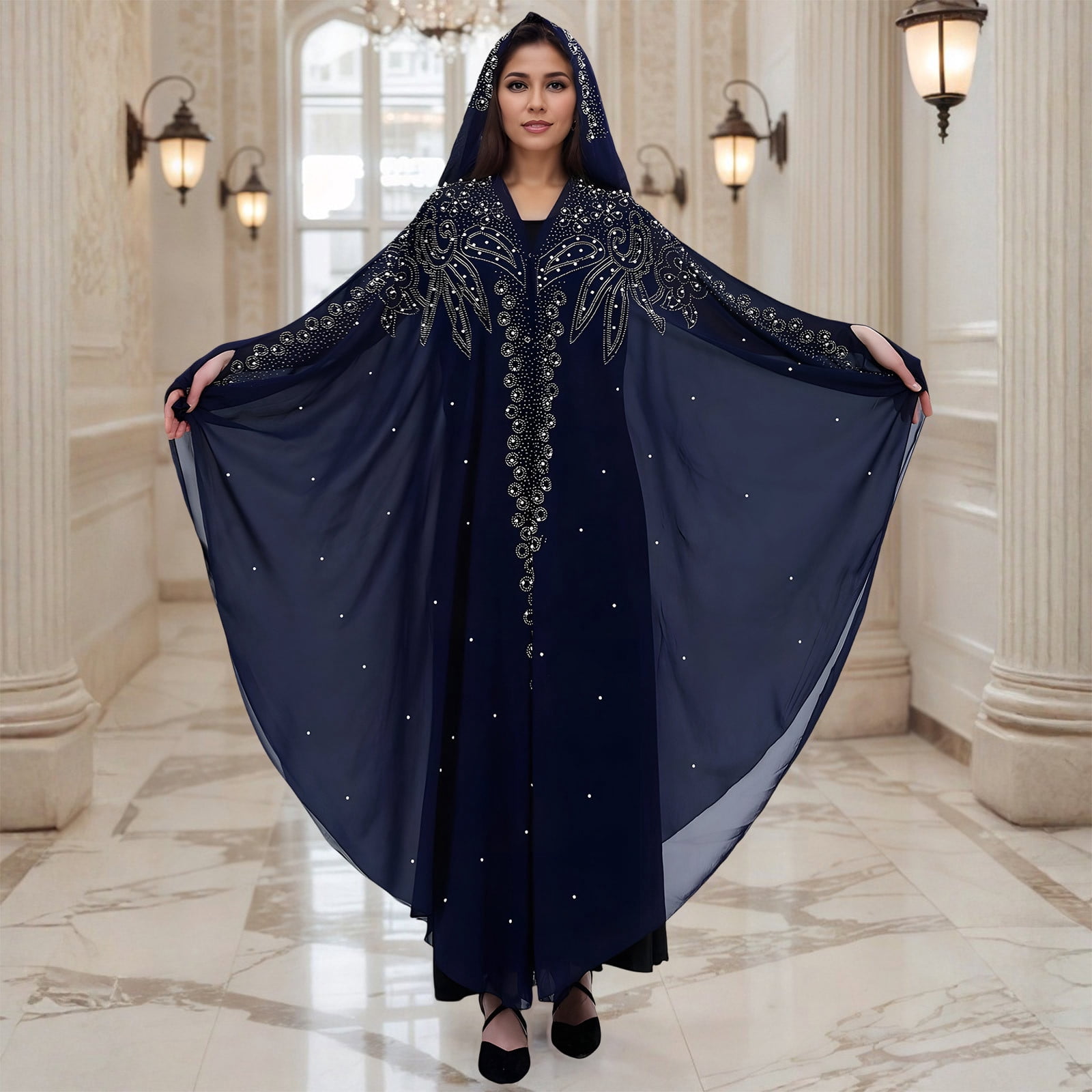 Long Sleeve Shirts for Women, Muslim Dress for Women Loose Batwing Sleeved Hooded Beaded Embroidery Long Abaya Dress Kaftan Abayas Islamic Robe