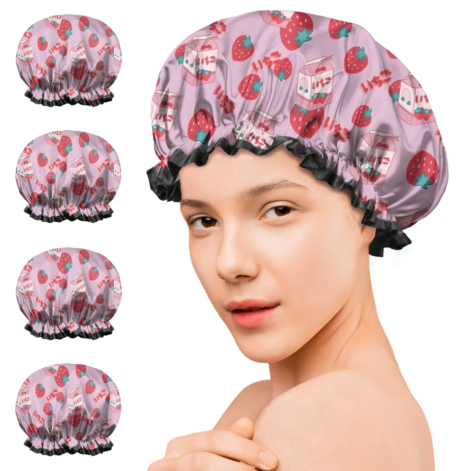 Shower Caps,Strawberry Plants Fruit Milk Box Waterproof Shower Cap for Women 4 Pieces,Double Reusable Hair Cover for Shower PEVA Elastic Stretch Hem
