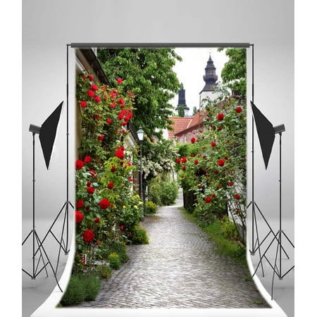 Image of GreenDecor Garden Backdrop 5x7ft Photography Backdrop Alley Flowers Building Road Lamps Plants Trees Children Baby Kids Photos Shooting Video Studio Props