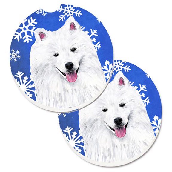 American Eskimo Winter Snowflakes Holiday Set of 2 Cup Holder Car Coaster