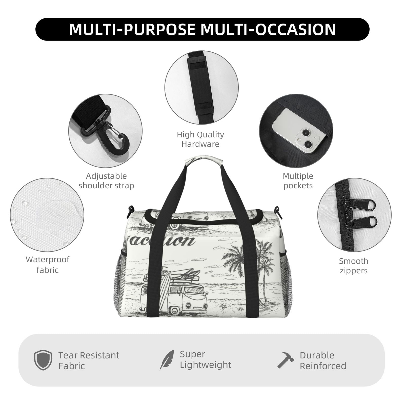 Fuzoiu Summer Vacation Scene With Camping Van Print Travel Duffle Bag,Carry On Tote Bags,Duffel Bag,Sport Gym Bag, Hospital Bag for Labor and Delivery, Overnight Bag,Luggage Bag