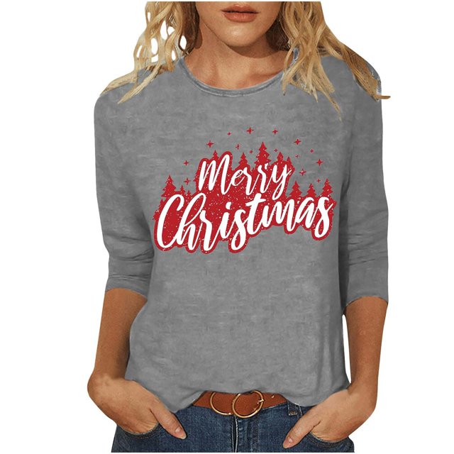 Pisexur Joyeux Noël T-Shirts pour Femmes Col Rond Manches 3/4 Mode Vacances Tee Tops Mode Ample Automne