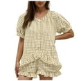 thumbnail image 4 of FRSASU Womens 2 Piece Ruffle Pajama Set Gingham Button Down Short Sleeve Shirts and Shorts Plaid Spring Summer Outfits Khaki, 4 of 7