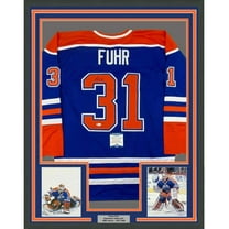 Framed Autographed/Signed Grant Fuhr 35x39 Edmonton Blue Hockey Jersey Beckett BAS COA