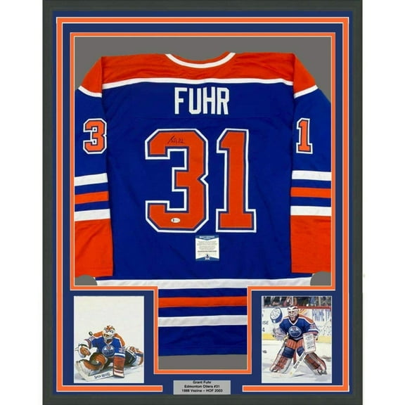 Framed Autographed/Signed Grant Fuhr 35x39 Edmonton Blue Hockey Jersey Beckett BAS COA