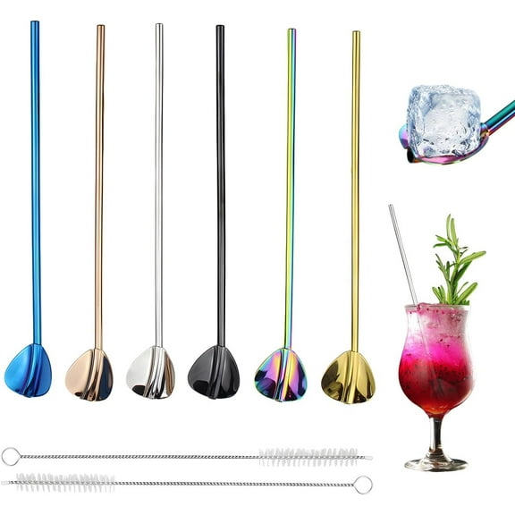 Pack of 7 Stainless Steel Straw Spoons - Reusable Drinking Straws