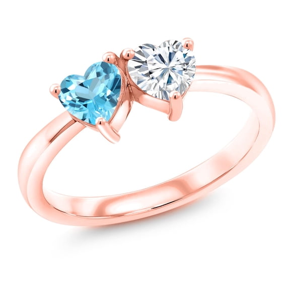 Gem Stone King 18K Rose Gold Plated Silver Fashion Right-Hand Ring Set with Heart Shape Swiss Blue Topaz and Moissanite (1.05 Cttw, Size 5)