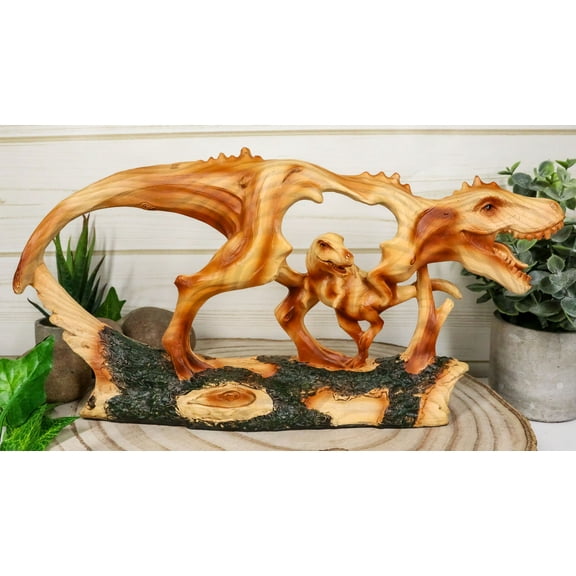 Jurassic Dinosaur Tyrannosaurus Rex Father and Baby Faux Wood Cutout Figurine