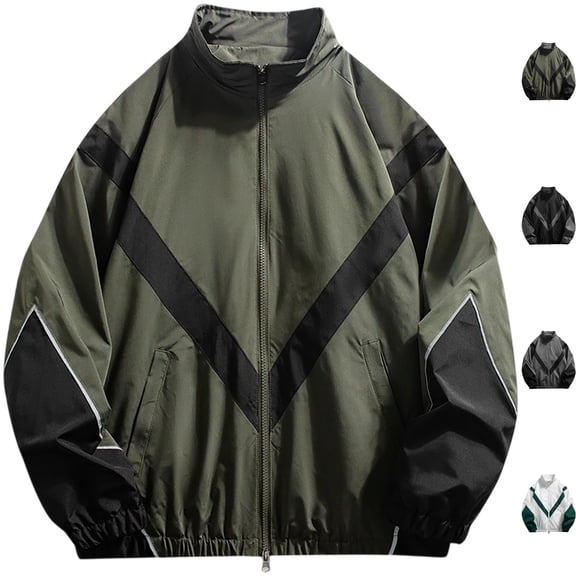 Men's Color Block Track Jacket Waterproof Lightweight Windproof Shell Coat Full Zip Stand Collar with Pockets for Running Outdoor Sport, Army Green, M