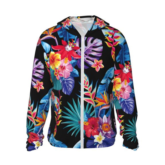Logiee Tropical Palm Leaves Print Men's Women Light Jacket Full Zip Sun Protection Hoodie Long Sleeve Sun Shirts for Men Hiking Fishing Zip Pockets-