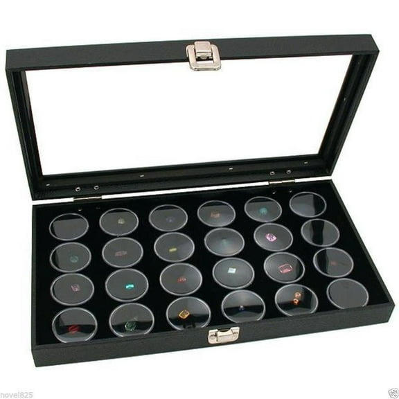 New Glass Top Jewelry Display Case Box Black 24 Gem Gold Nugget with Large Jars