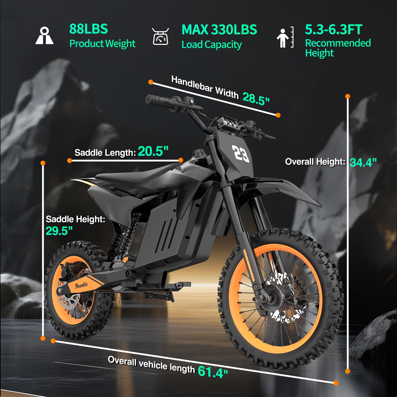 YVY Electric Dirt Bike for Adults/Teens,48V 30AH Battery,Max 60Miles,Peak 3000W 38MPH Electric Motorcycle,14"/12" Tires Full Suspension Mountain Bike UL2849