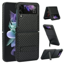 Built-In Invisible Kickstand Case for Samsung Galaxy Z Flip 3, Full Body Protection Case PU Leather Stand Slip-Proof Phone Case for Samsung Galaxy Z Flip 3 5G Carbon Fiber, Black