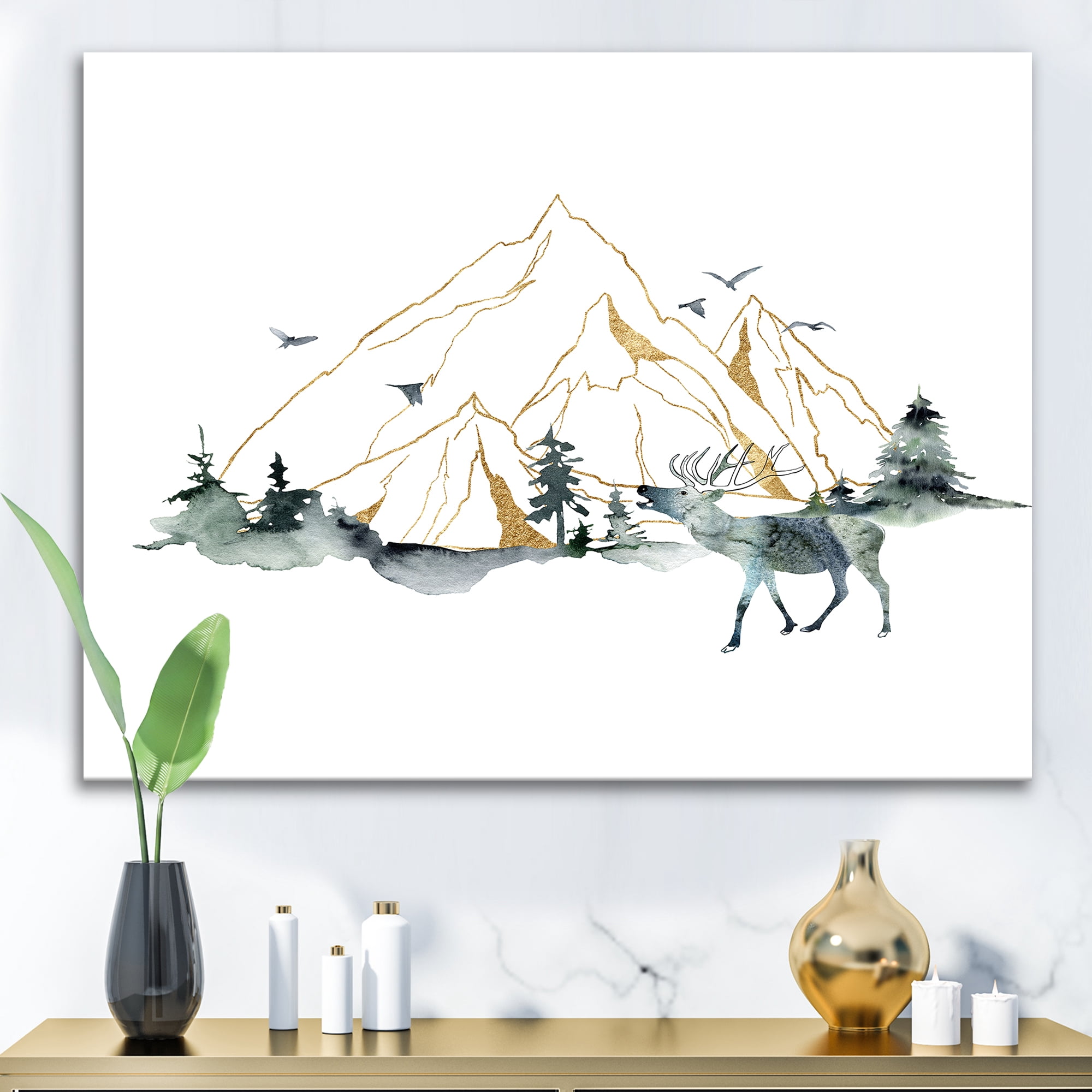 Designart ' Minimalistic Landscape of Forest Deer and Mountains ' Modern Canvas Wall Art Print