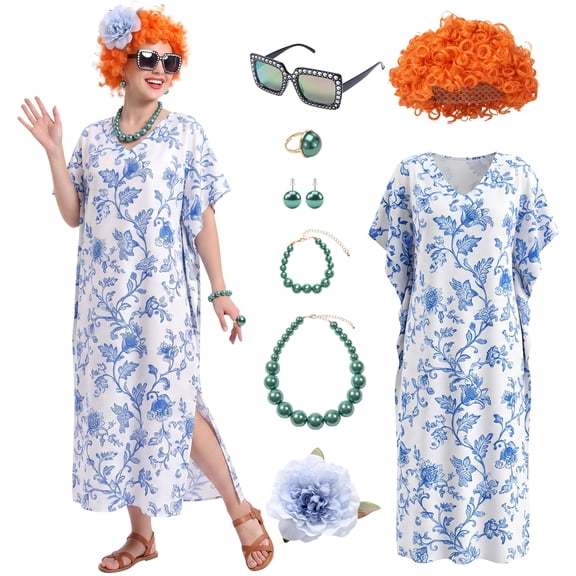 Alaiyaky 8 Pcs Lady Costume Women Halloween Costumes Adult Outfit Including Curly Wig Print Caftan Dress Necklace for Cosplay Halloween Party