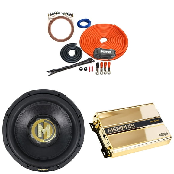 Memphis Audio 60th Anniversary MJP1222 MOJO Pro Series 12" Component Subwoofer with Gold 60th Anniversary MJP1500.1 Monoblock Subwoofer Amplifier and 0GKIT Amp Wiring Kit