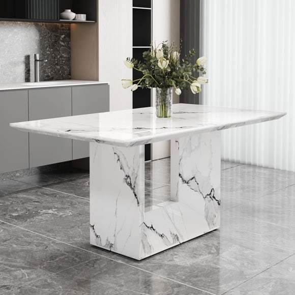 Noble House White Imitation Marble MDF Dining Table,U-Shaped Hollow Stable Legs,White