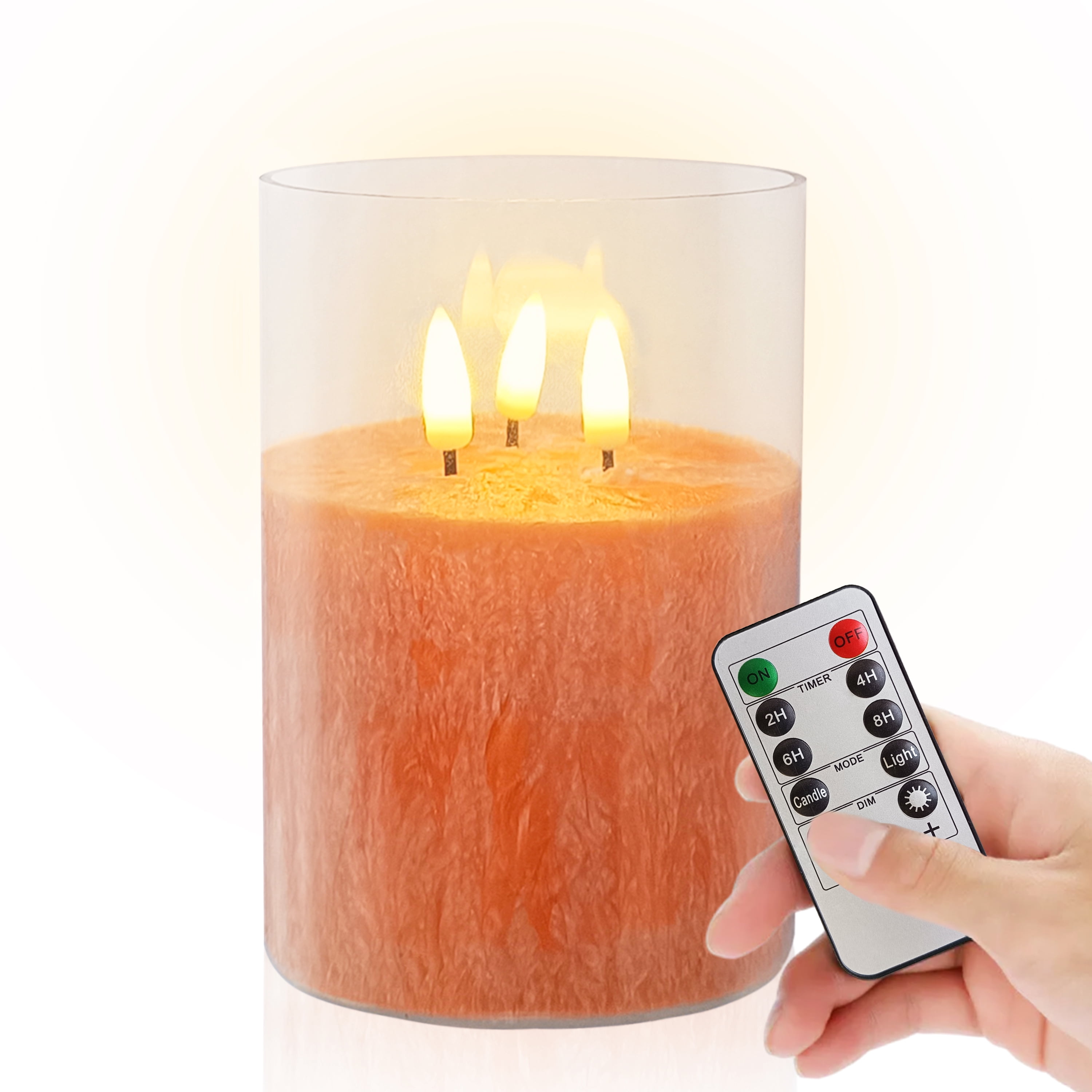 FCMSHAMD 5Inch Flameless Candle with 3 Wicks, Glass LED Pillar Candle, Real Wax Battery Operated Candle with Remote Control and Timer, Orange