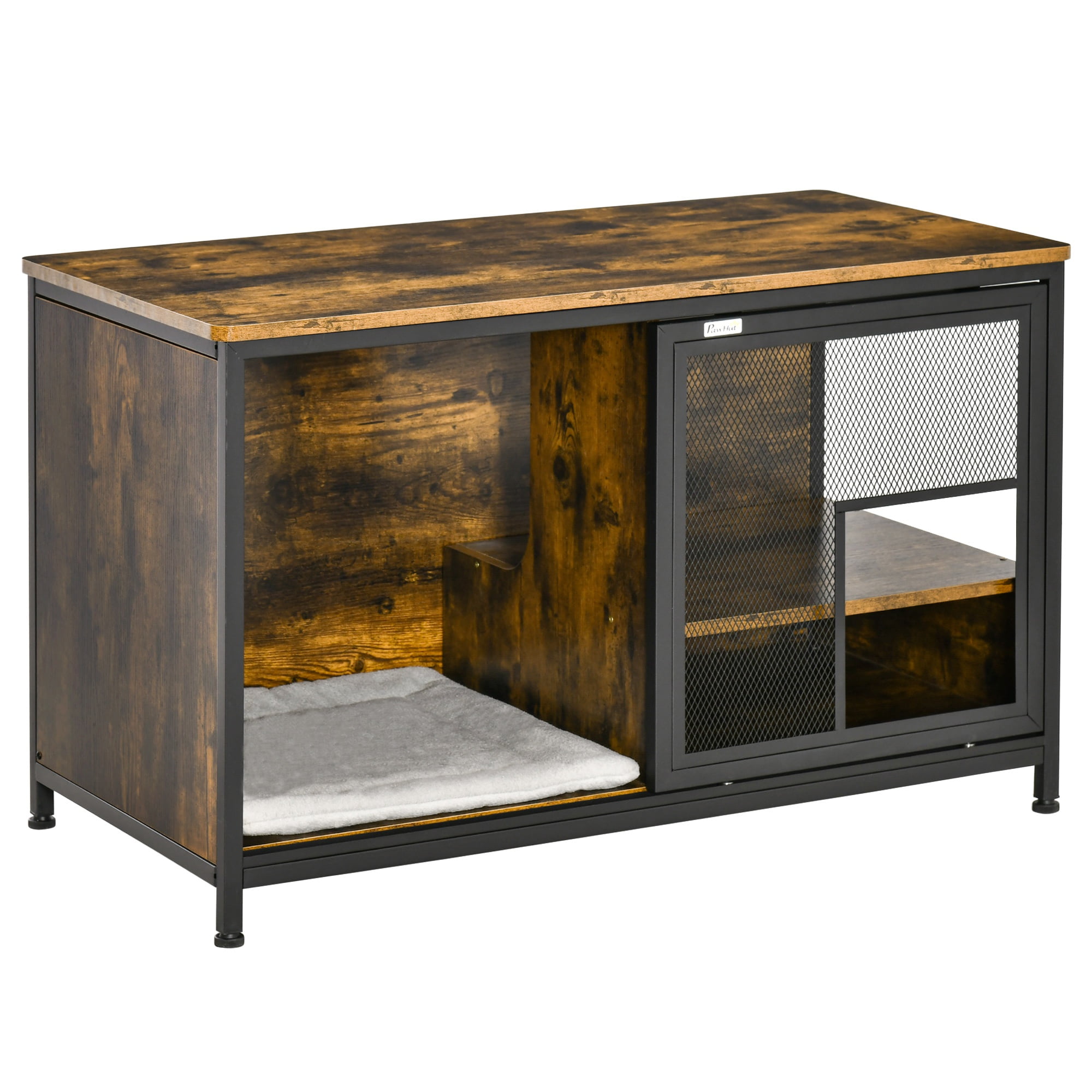 Andoer Wooden Cat House End Table, Elevated Kennel Pet Bed w/ Removable Cushion, Brown