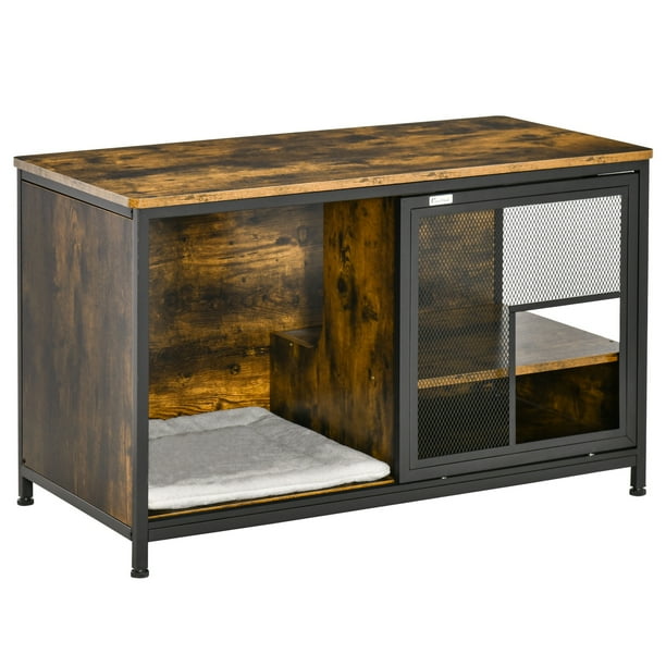 Andoer Wooden Cat House End Table, Elevated Kennel Pet Bed w/ Removable Cushion, Brown