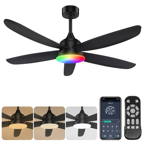 OUTON 42" Ceiling Fan with Lights and Remote Control, Indoor Outdoor Ceiling Fans for Bedroom, Living Room, Black Modern Fanlight