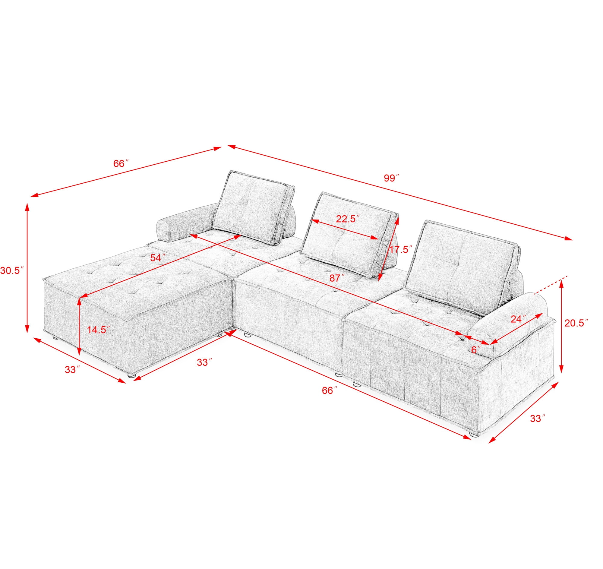Aukfa Modern Sectional Sofa, 99" Living Room Modular Couch with Ottoman, Chenille, Red
